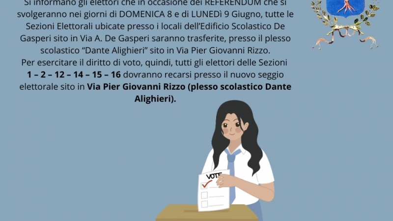 Notizia Studio Amica - Referendum 8-9 giugno 2025 - Variazione del luogo di riunione delle sezioni elettorali