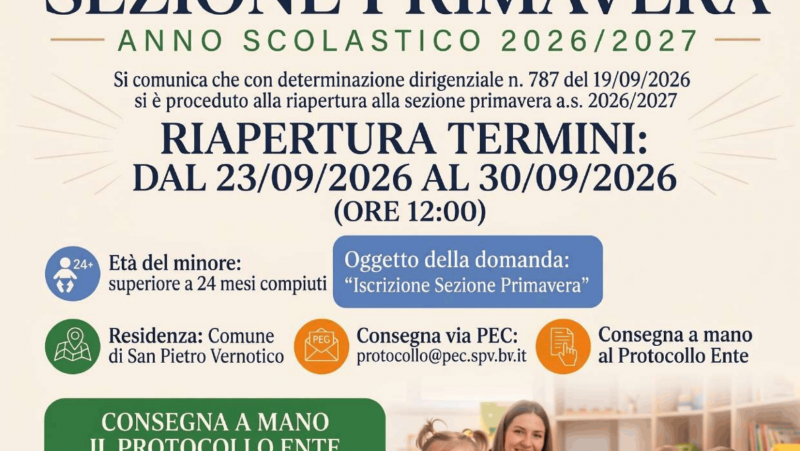 Notizia Studio Amica - Avviso Pubblico: Riapertura Termini per l'Iscrizione alla Sezione Primavera Comunale (A.E. 2026/2027)